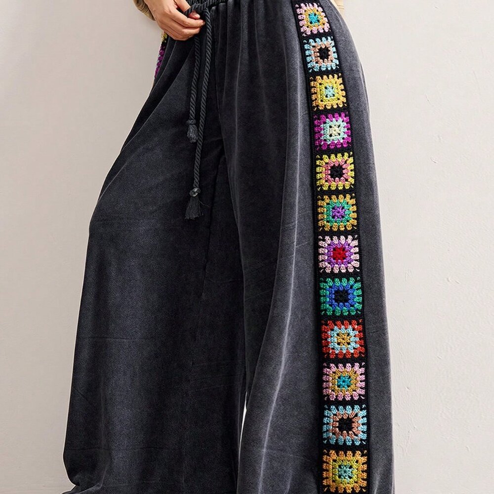 Black Casual Women's Wide Leg Crochet Patchwork Knit Pants - Picture 6 of 8